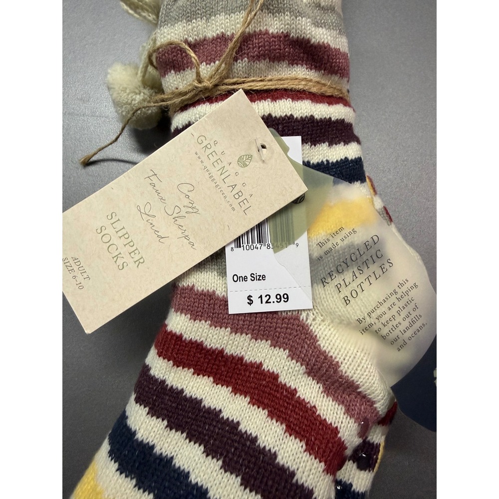 Quagga‎ Green Label Womens Slipper Socks Faux Sherpa Lined Striped Pom Pom NEW - Picture 6 of 6